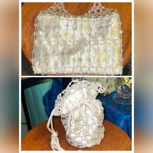 2 Vintage White Ivory Small Beaded Crossbody Shoulder Bags